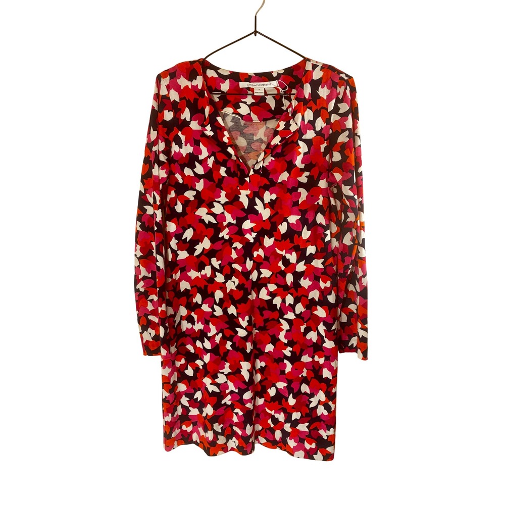 Diane von Furstenberg Jersey Shift Dress Mod Retro Floral Print 4 Red Pink White